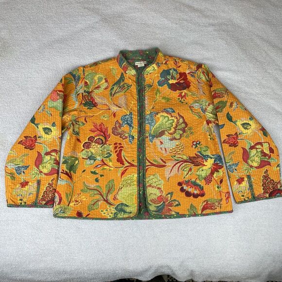 Handprint Long Sleeve Open Front Jacket Women’s M/L Orange Green Floral Cotton - Picture 15 of 16